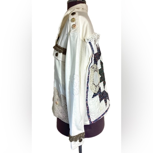 Upcycled Linen Cotton Womens Jacket Size M Boho OOAK Shabby Chic Patches Quilted - Picture 6 of 16